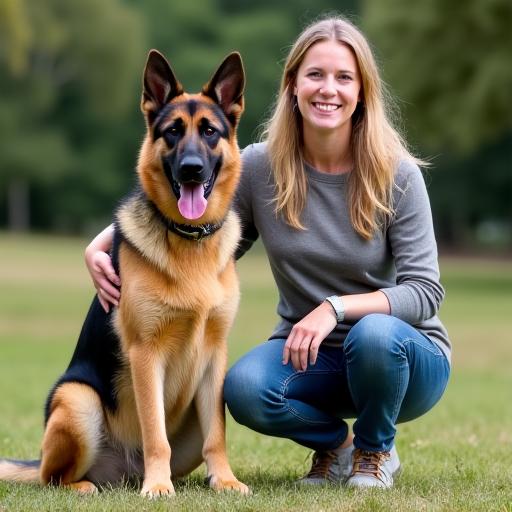 Sara and her confident German Shepherd, Max, after basic obedience training.