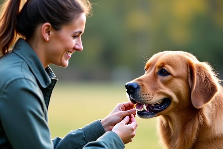 A smiling trainer giving a treat to a well-behaved golden retriever during a training session.